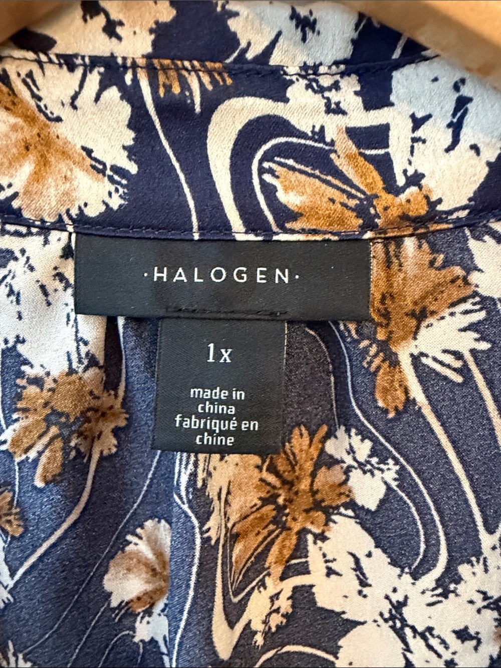 Halogen Navy Blue Floral Satin Top with Gold Accents Size 1X - Picture 2 of 7
